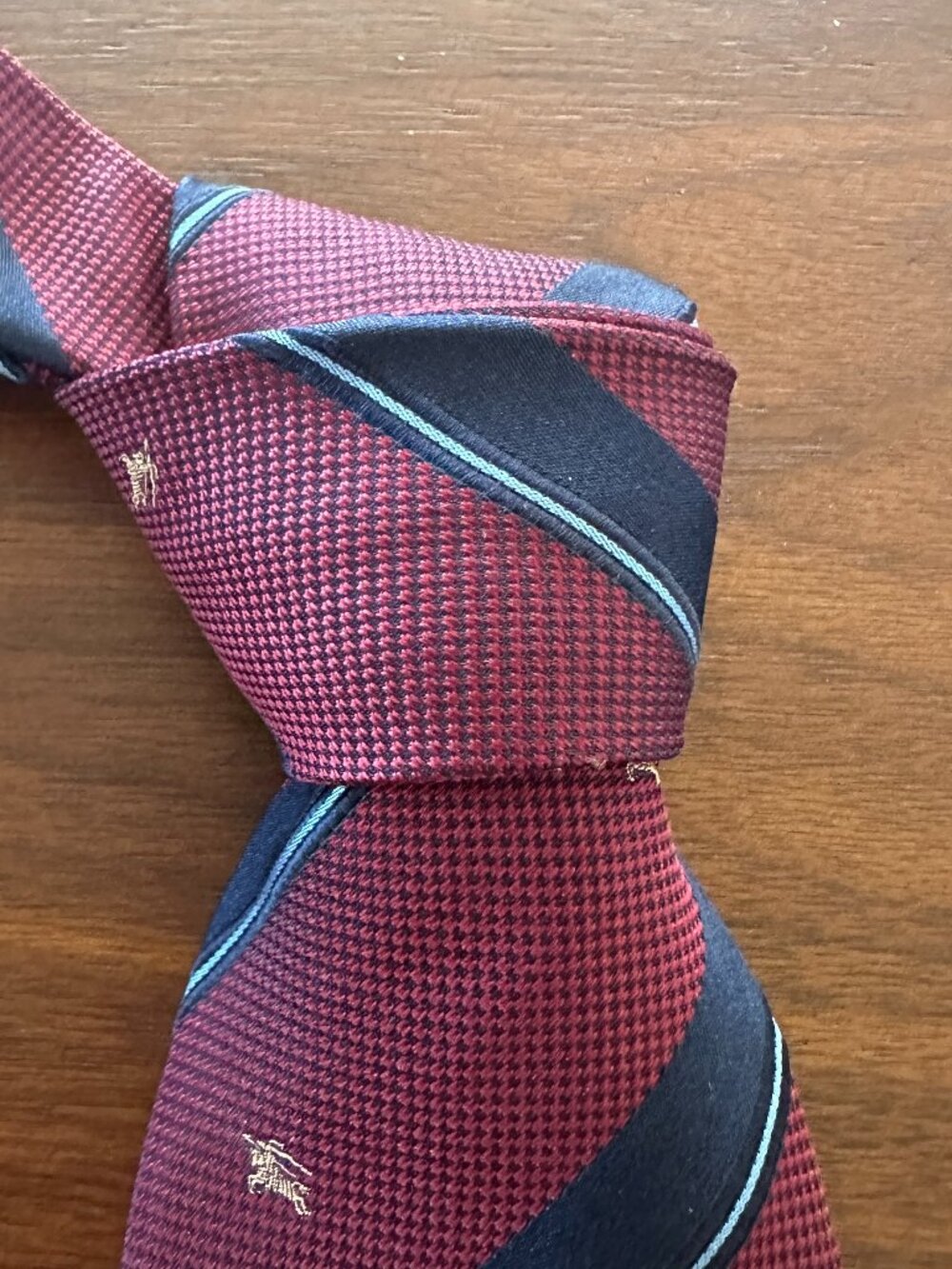 Burberry London Burgundy Navy Equestrian Logo Striped Tie
